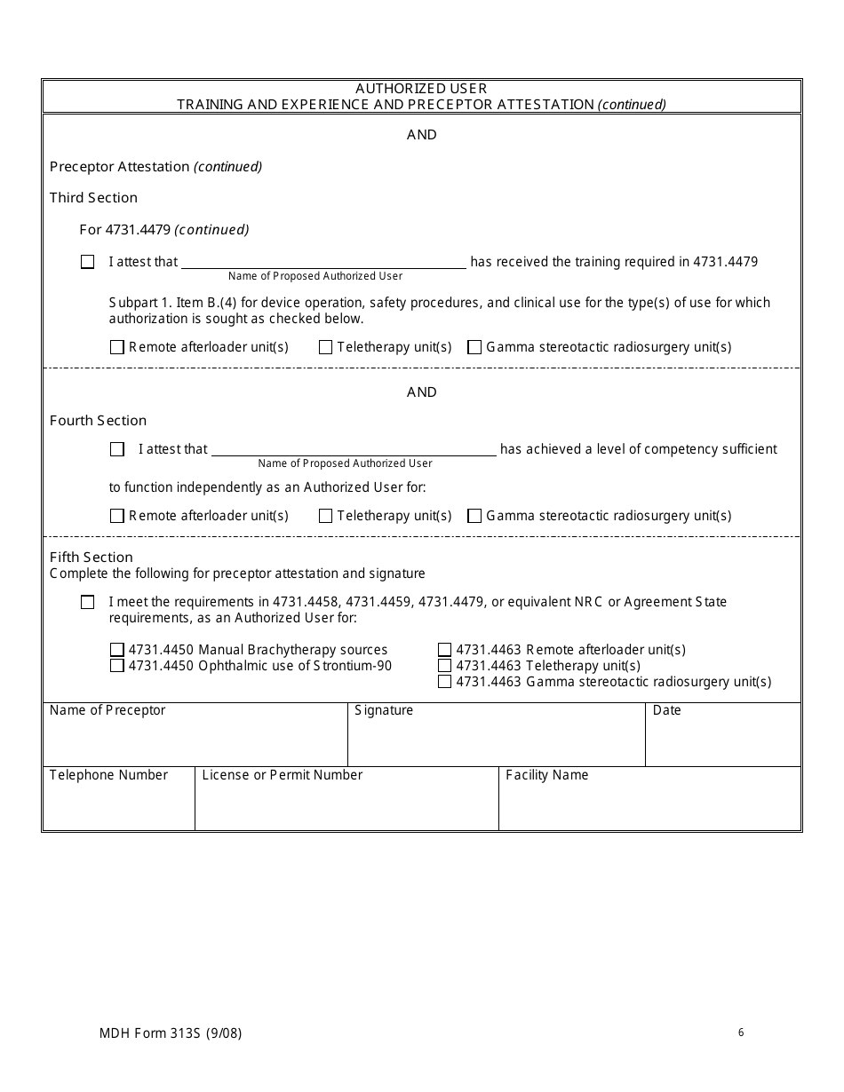 MDH Form 313S Authorized User Training and Experience and Preceptor Attestation - Minnesota, Page 6