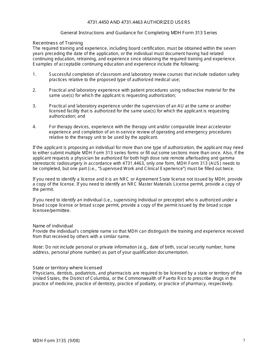MDH Form 313S Authorized User Training and Experience and Preceptor Attestation - Minnesota, Page 7
