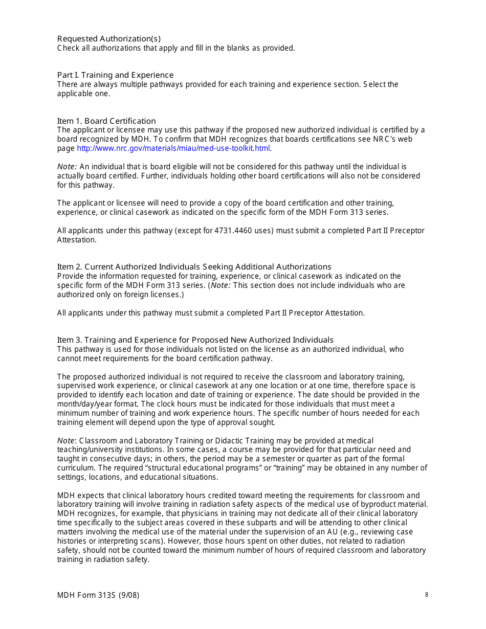 MDH Form 313S Authorized User Training and Experience and Preceptor Attestation - Minnesota, Page 8