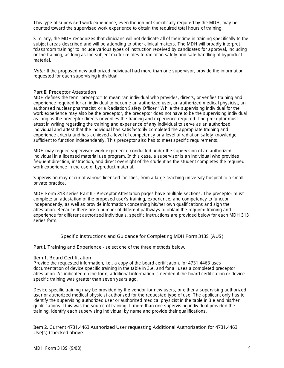 MDH Form 313S Authorized User Training and Experience and Preceptor Attestation - Minnesota, Page 9