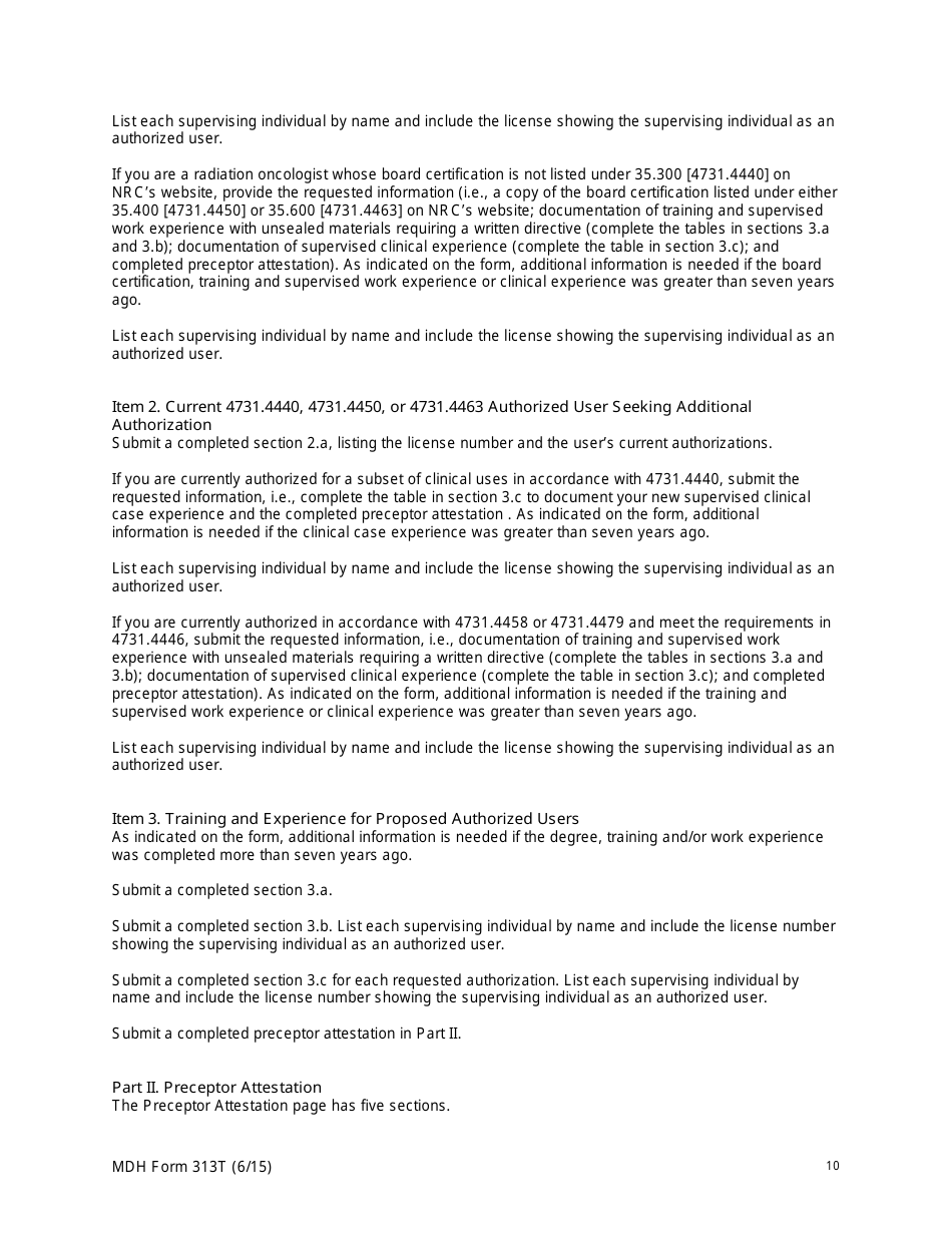 MDH Form 313T Authorized User Training and Experience and Preceptor Attestation - Minnesota, Page 10