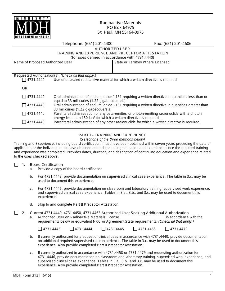 MDH Form 313T Authorized User Training and Experience and Preceptor Attestation - Minnesota, Page 1