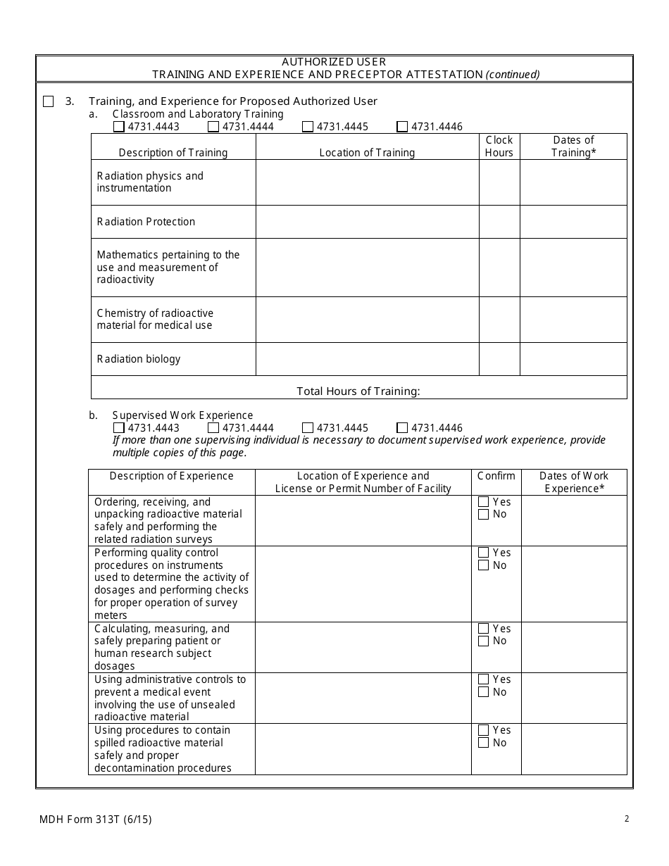 MDH Form 313T Authorized User Training and Experience and Preceptor Attestation - Minnesota, Page 2