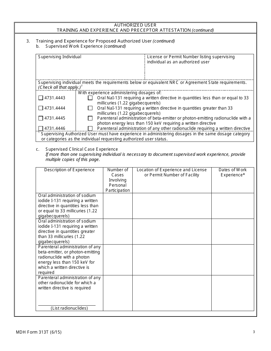 MDH Form 313T Authorized User Training and Experience and Preceptor Attestation - Minnesota, Page 3