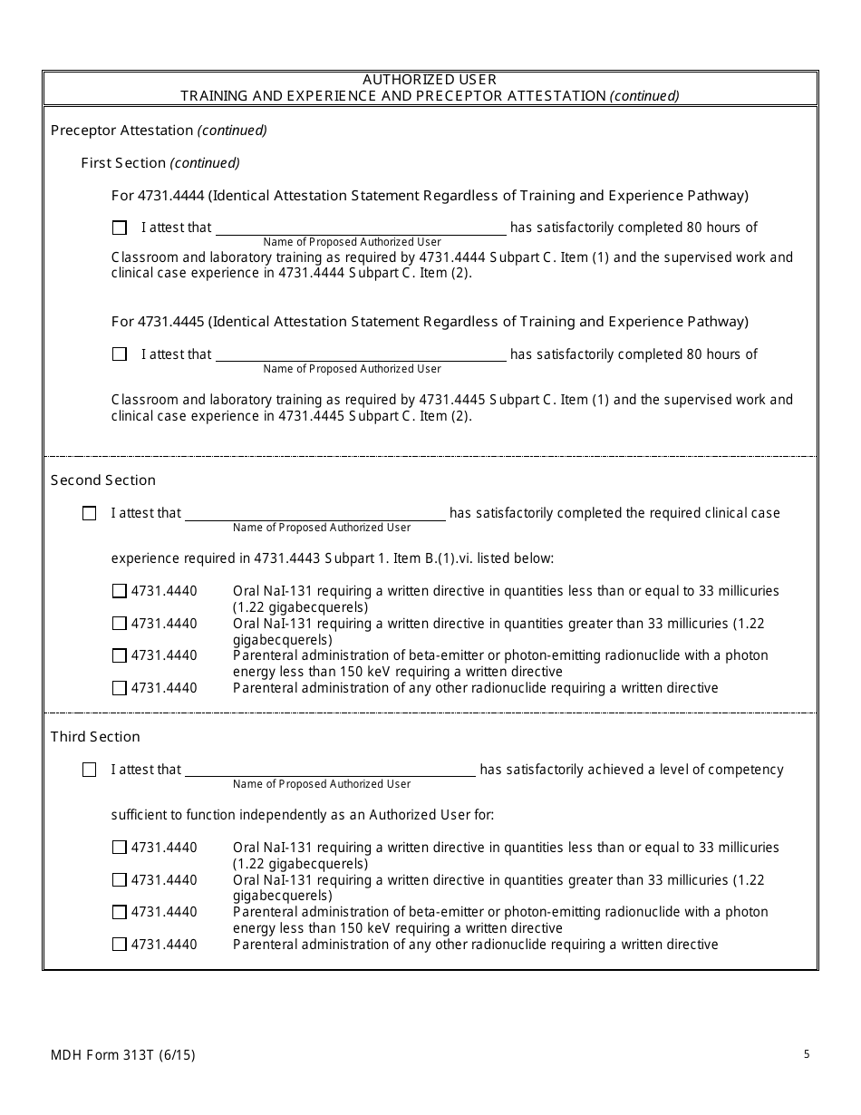 MDH Form 313T Authorized User Training and Experience and Preceptor Attestation - Minnesota, Page 5
