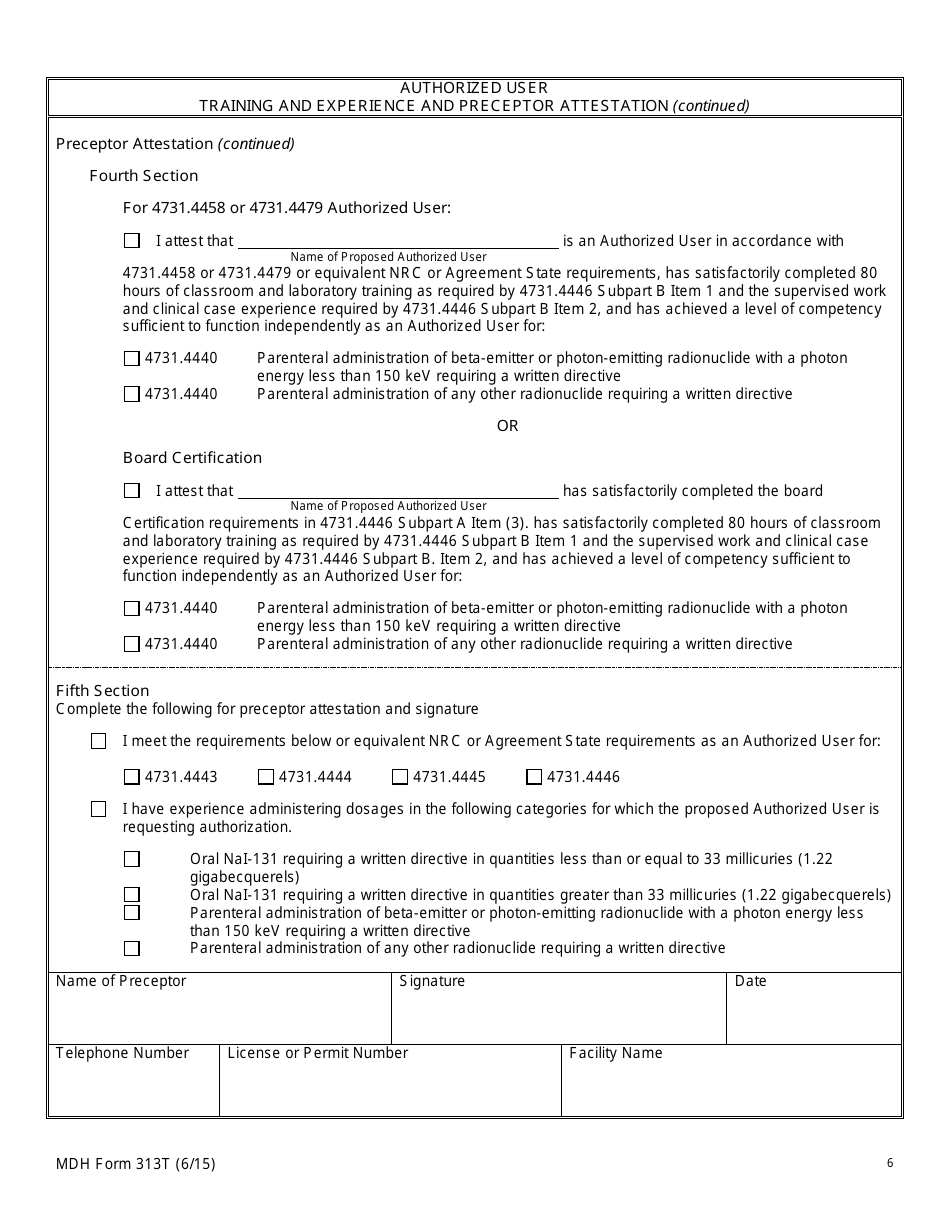 MDH Form 313T Authorized User Training and Experience and Preceptor Attestation - Minnesota, Page 6