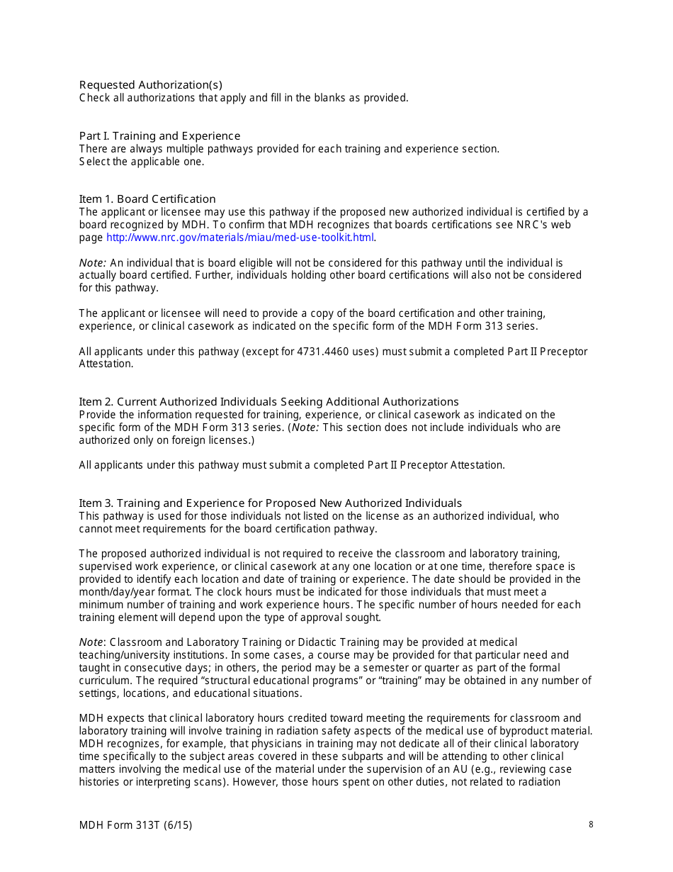 MDH Form 313T Authorized User Training and Experience and Preceptor Attestation - Minnesota, Page 8