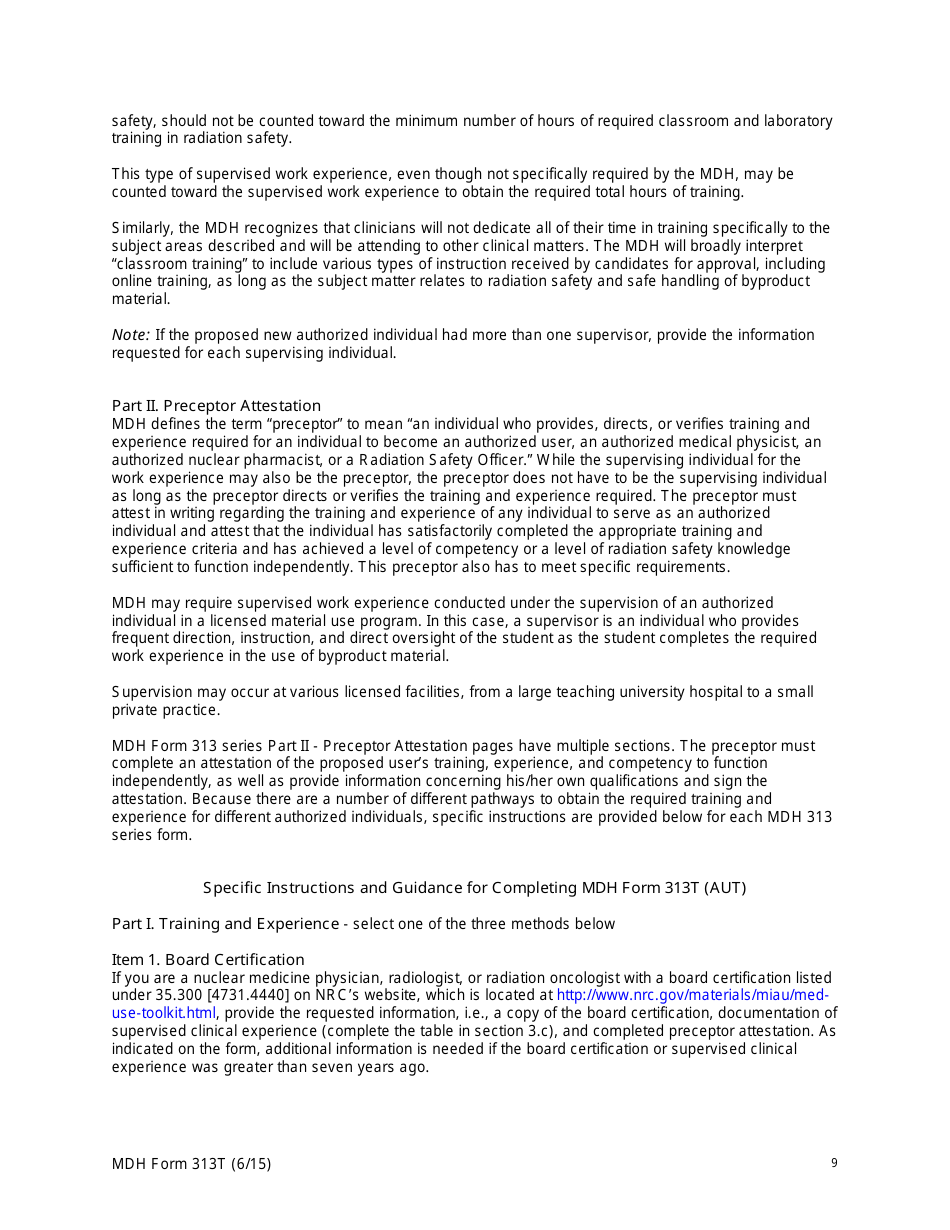 MDH Form 313T Authorized User Training and Experience and Preceptor Attestation - Minnesota, Page 9