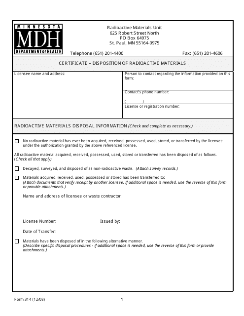 Form 314 Certificate - Disposition of Radioactive Materials - Minnesota