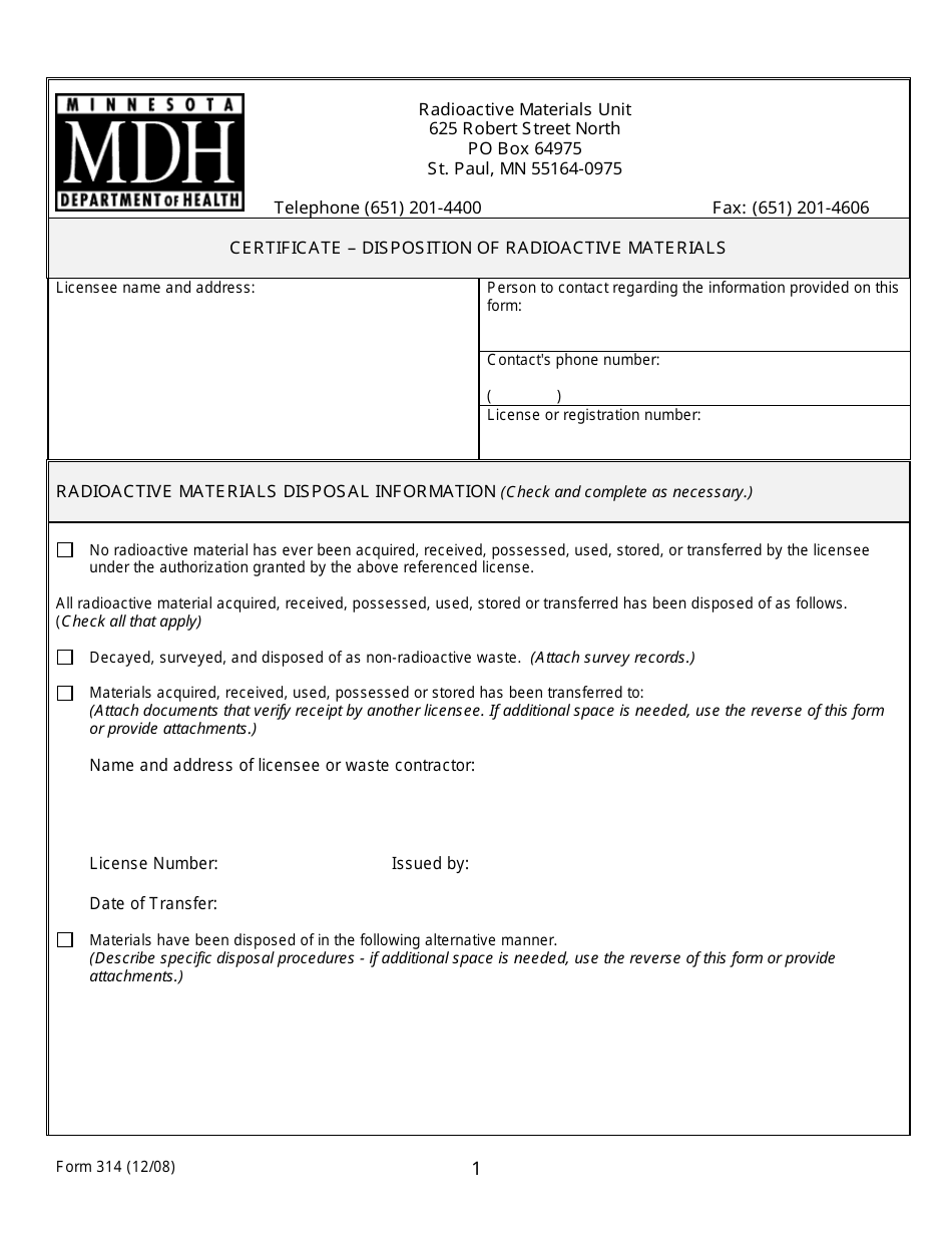 Form 314 Certificate - Disposition of Radioactive Materials - Minnesota, Page 1