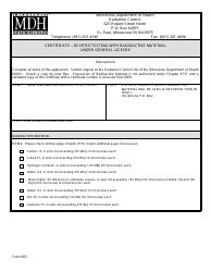 Form 483 &quot;Certificate - in Vitro Testing With Radioactive Material Under General License&quot; - Minnesota