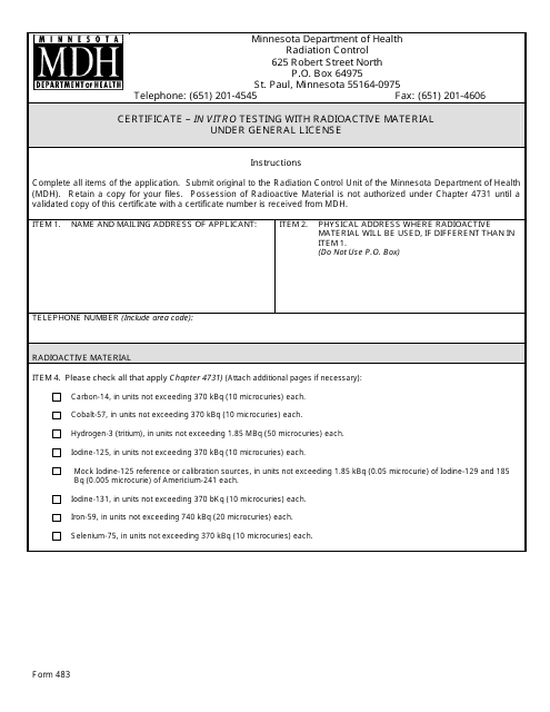 Form 483 Certificate " in Vitro Testing With Radioactive Material Under General License - Minnesota