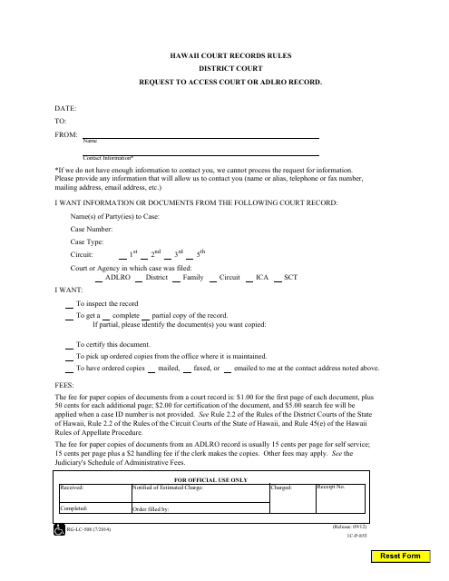 Form 1C-P-855 (RG-LC-508) Request to Access Court or Adlro Record - Hawaii