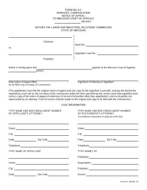 Form 8-C Workers' Compensation Notice of Appeal to Missouri Court of Appeals - Missouri