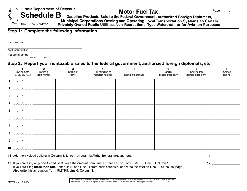 Form RMFT-7 Schedule B Gasoline Products Sold to the Federal Government, Authorized Foreign Diplomats, Municipal Corporations Owning and Operating Local Transportation Systems, to Certain Privately Owned Public Utilities, Non-recreational Type Watercraft, or for Aviation Purposes - Illinois, Page 1