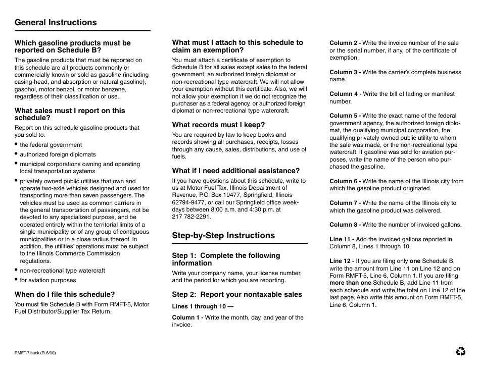 Form RMFT-7 Schedule B Gasoline Products Sold to the Federal Government, Authorized Foreign Diplomats, Municipal Corporations Owning and Operating Local Transportation Systems, to Certain Privately Owned Public Utilities, Non-recreational Type Watercraft, or for Aviation Purposes - Illinois, Page 2
