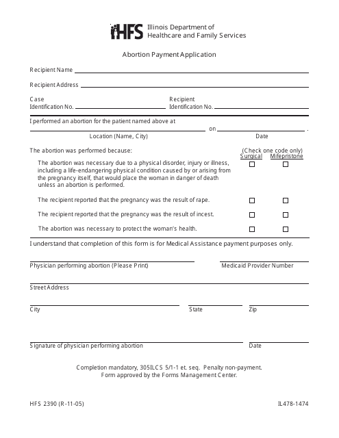 Form HFS2390 (IL478-1474) Abortion Payment Application - Illinois