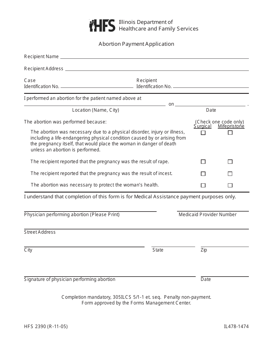 Form HFS2390 (IL478-1474) Abortion Payment Application - Illinois, Page 1