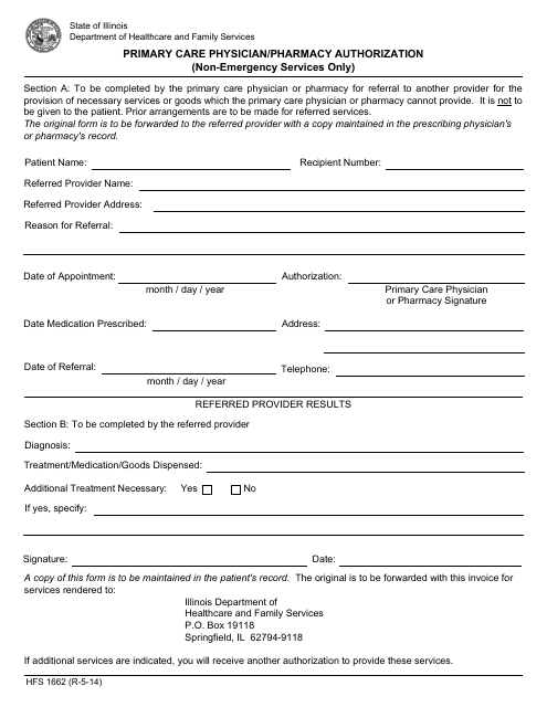 Form HFS1662 Primary Care Physician/Pharmacy Authorization (Non-emergency Services Only) - Illinois