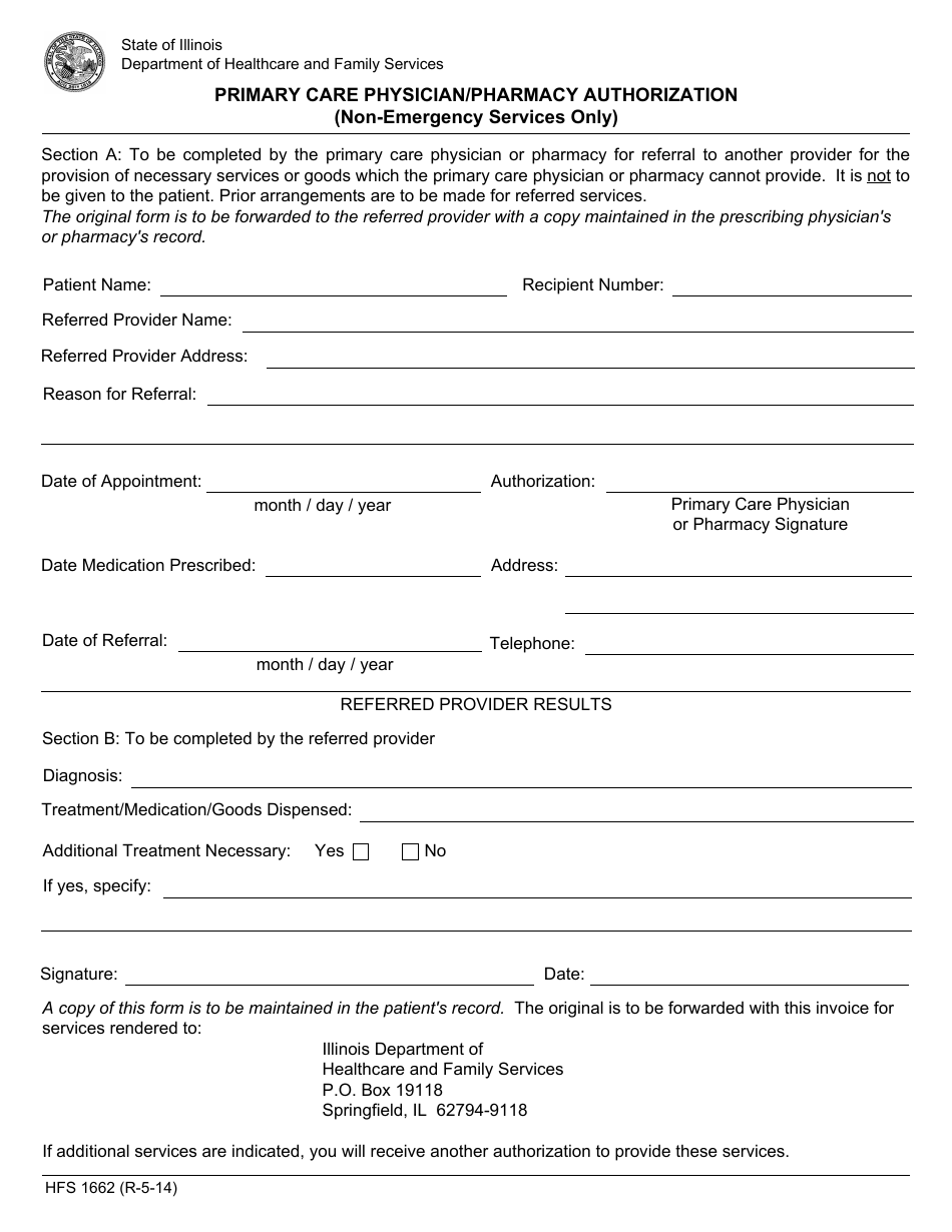 Form HFS1662 Primary Care Physician / Pharmacy Authorization (Non-emergency Services Only) - Illinois, Page 1