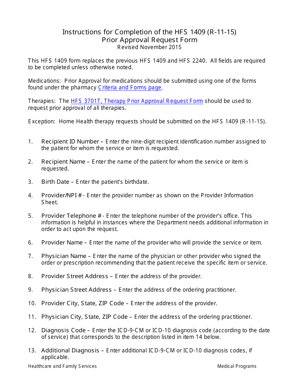 Instructions for Form HFS1409 Prior Approval Request Form - Illinois, Page 1