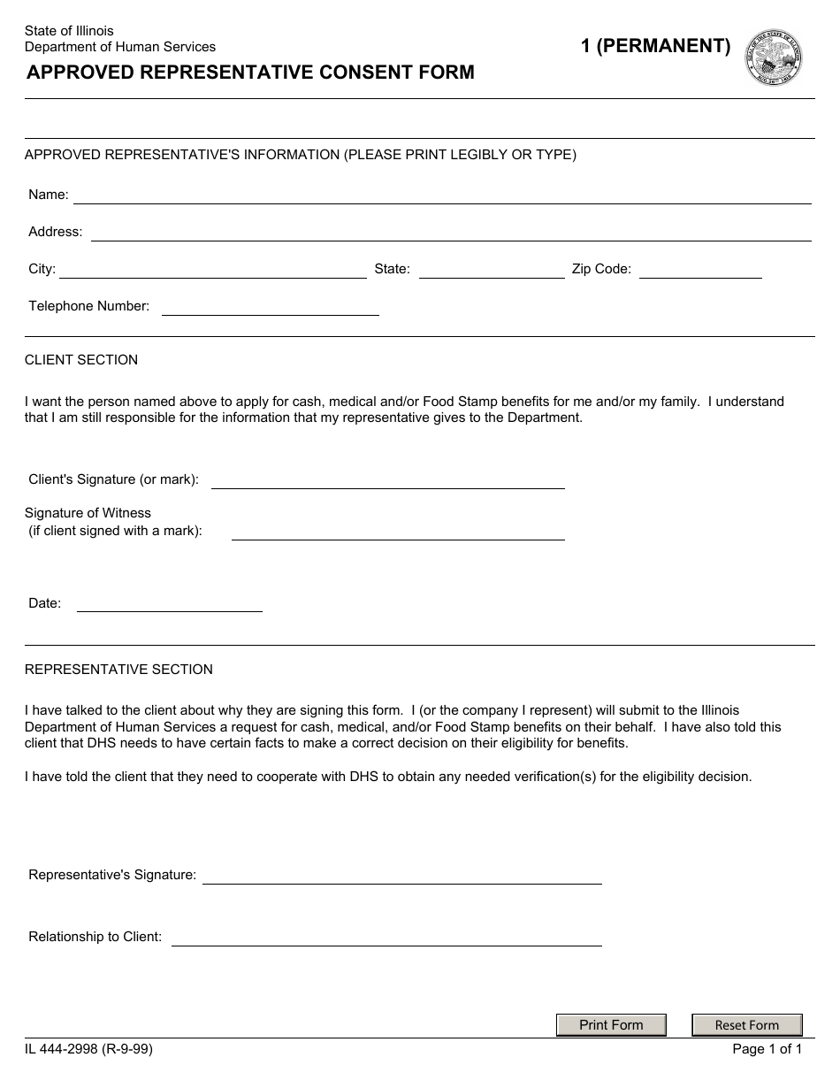 Form IL444-2998 Approved Representative Consent Form - Illinois, Page 1