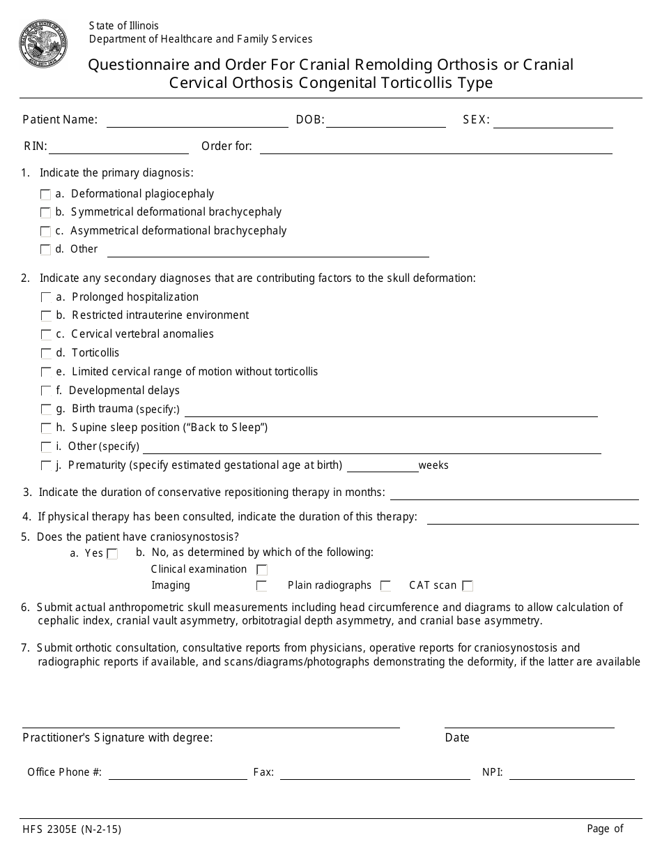 Form HFS2305E Questionnaire and Order for Cranial Remolding Orthosis or Cranial Cervical Orthosis Congenital Torticollis Type - Illinois, Page 1