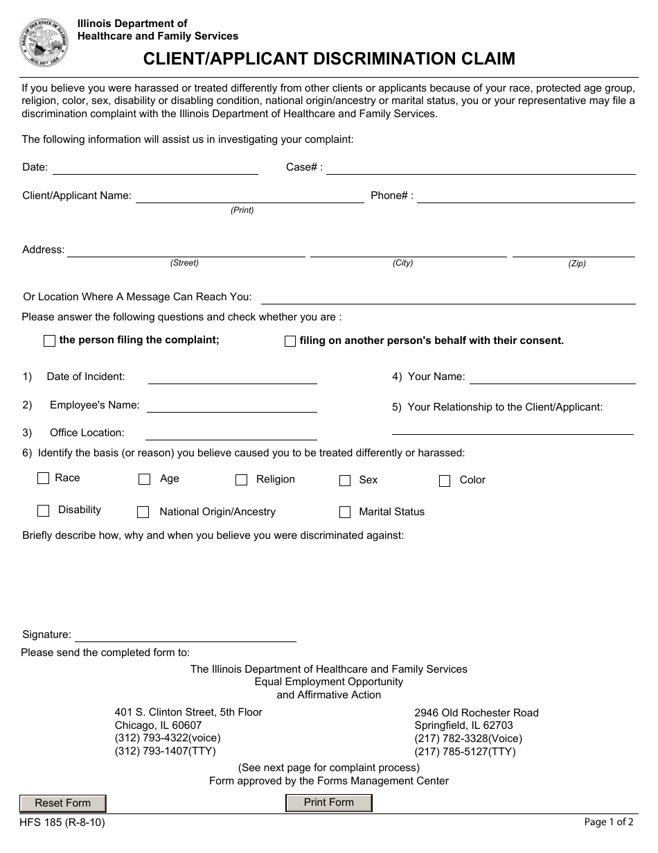 Form HFS185 Fill Out, Sign Online and Download Fillable PDF, Illinois