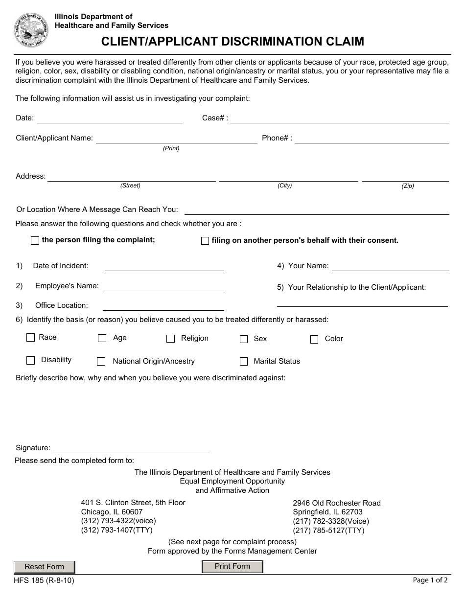Form HFS185 Client / Applicant Discrimination Claim - Illinois, Page 1