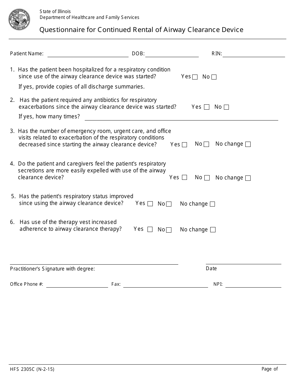 Form HFS2305C Questionnaire for Continued Rental of Airway Clearance Device - Illinois, Page 1
