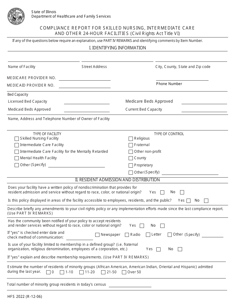 Form HFS2022 Compliance Report for Skilled Nursing, Intermediate Care and Other 24-hour Facilities (Civil Rights Act Title VI) - Illinois, Page 1