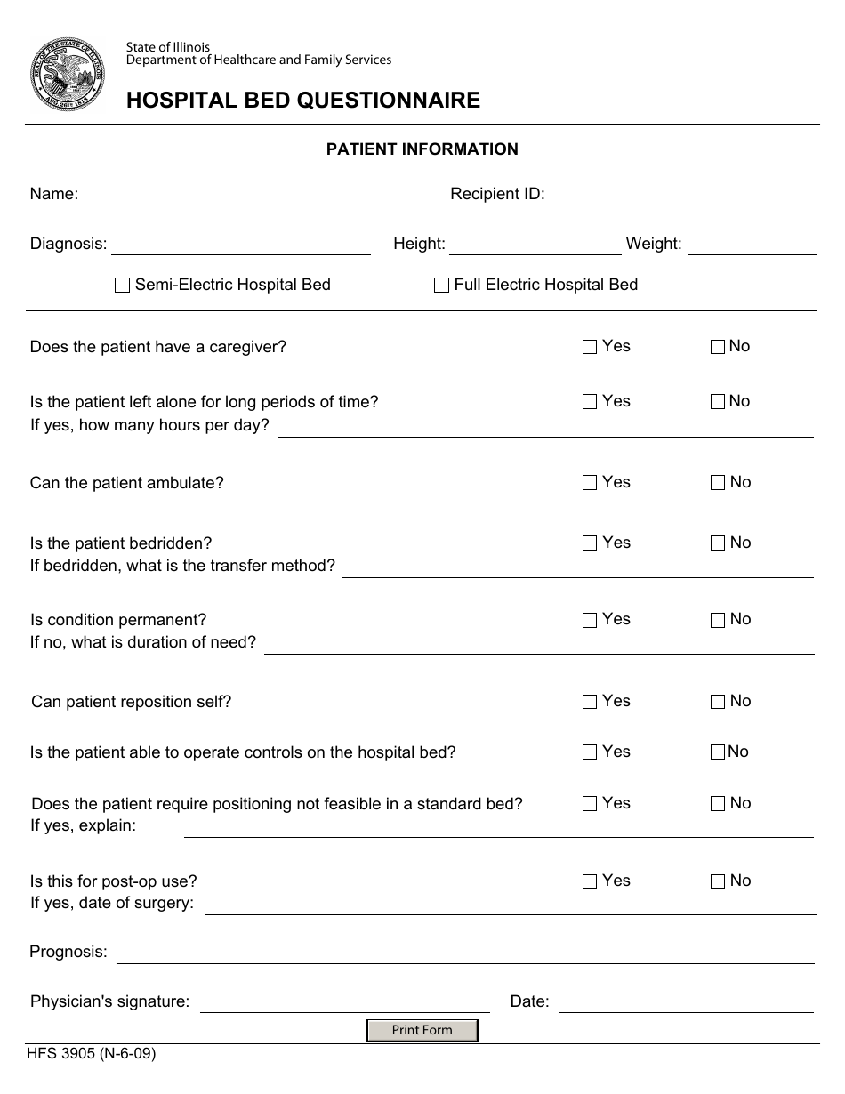 Form HFS3905 Hospital Bed Questionnaire - Illinois, Page 1