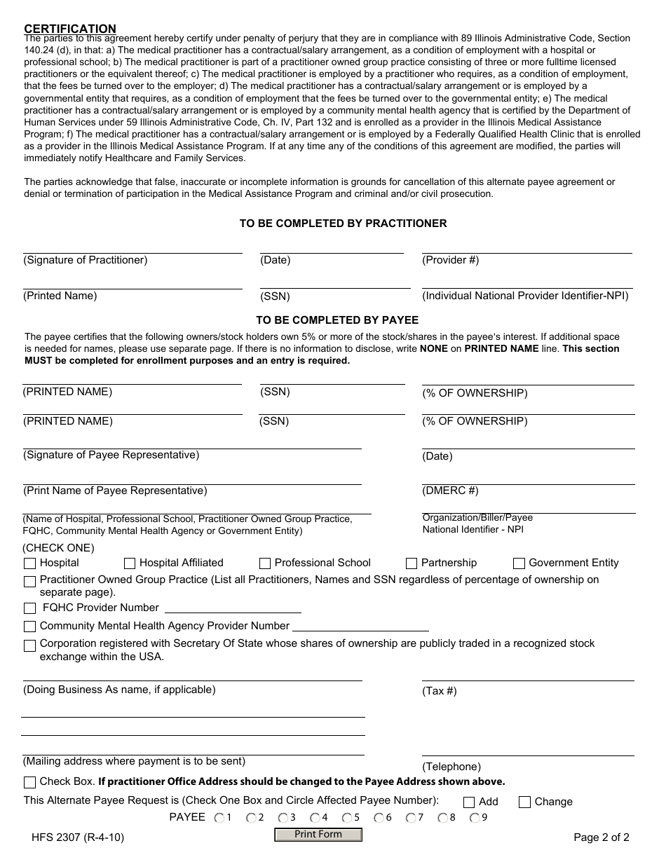 Form HFS2307 Hospital, Professional School or Practitioner Owned Group Practice as Alternate Payee - Illinois, Page 2