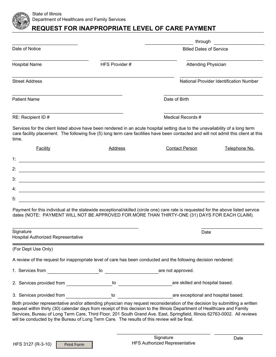 Form HFS3127 Request for Inappropriate Level of Care Payment - Illinois, Page 1