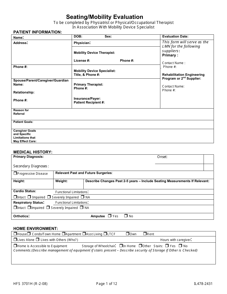 Form HFS3701H (IL478-2431) Seating / Mobility Evaluation - Illinois, Page 1