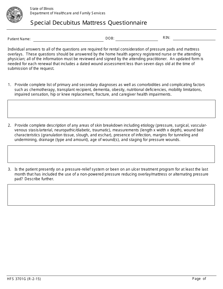 Form HFS3701G Special Decubitus Mattress Questionnaire - Illinois, Page 1