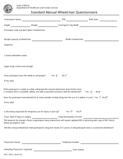 Form HFS3701L Standard Manual Wheelchair Questionnaire - Illinois