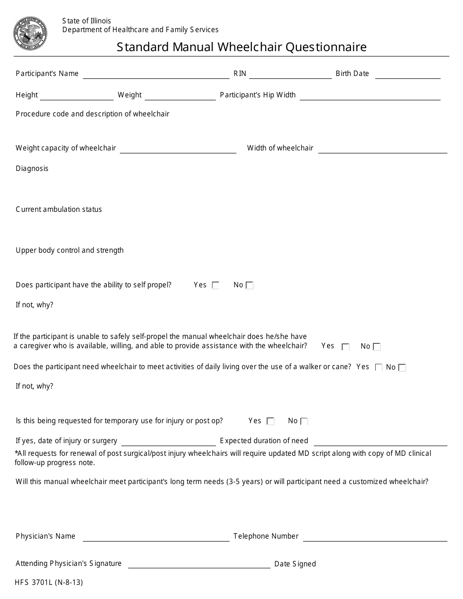 Form HFS3701L Standard Manual Wheelchair Questionnaire - Illinois, Page 1