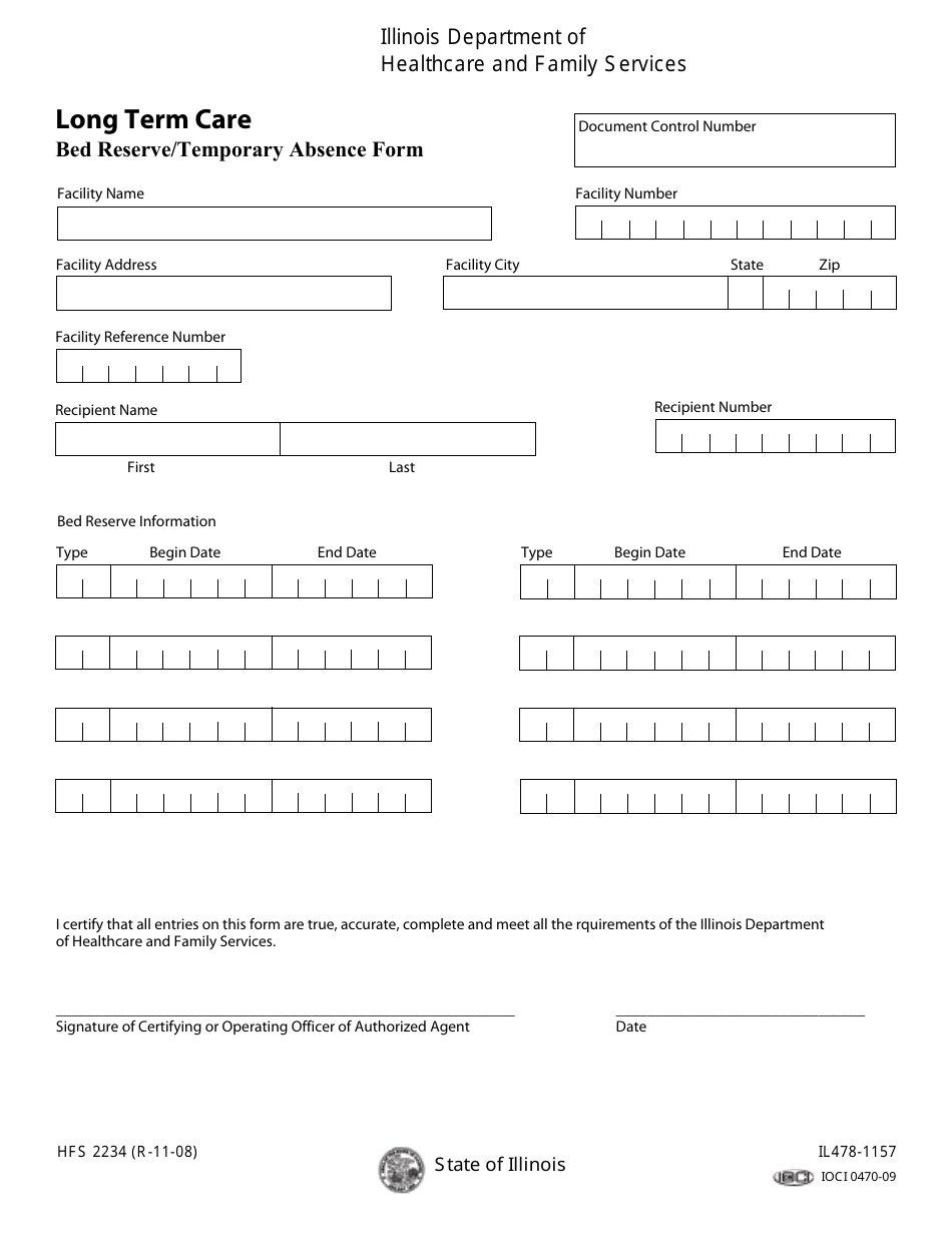 Form HFS2234 (IL478-1157) Long Term Care Bed Reserve / Temporary Absence Form - Illinois, Page 1