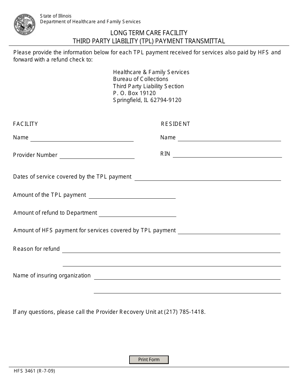 Form HFS3461 Long Term Care Facility Third Party Liability (Tpl) Payment Transmittal - Illinois, Page 1