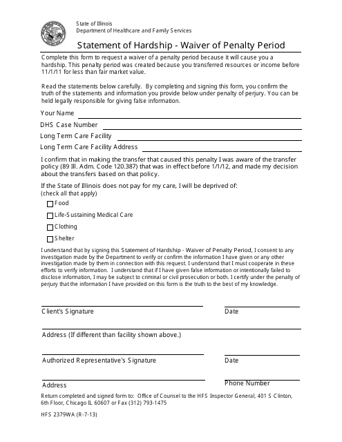 Form HFS2379WA Statement of Hardship - Waiver of Penalty Period - Illinois