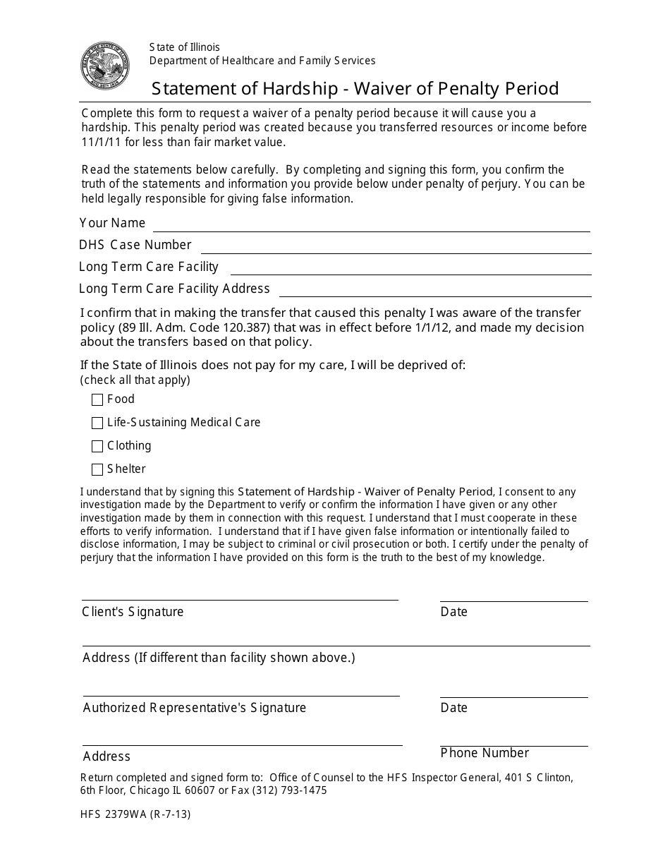 Form HFS2379WA Statement of Hardship - Waiver of Penalty Period - Illinois, Page 1