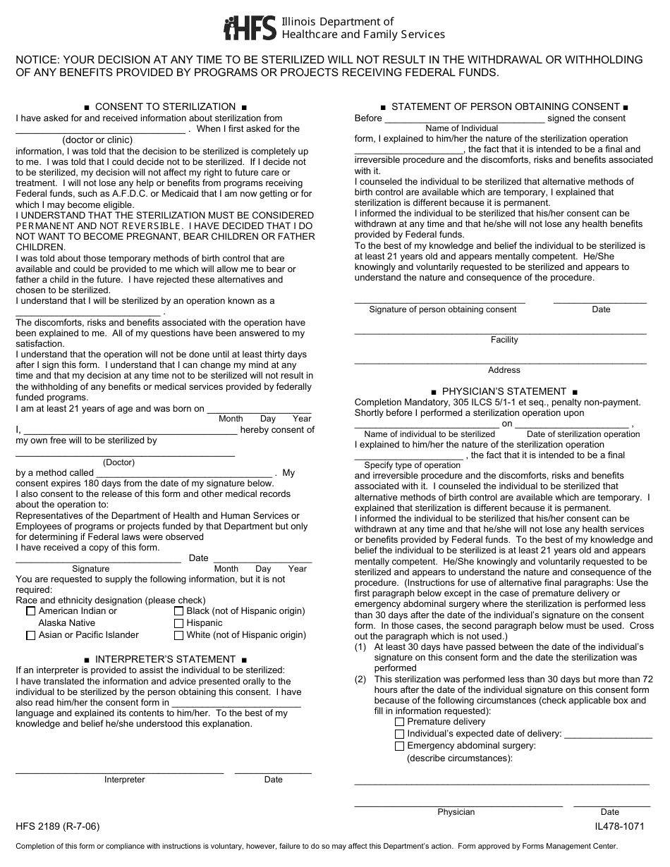 Form HFS2189 (IL478-1071) Sterilization Consent Form - Illinois, Page 1