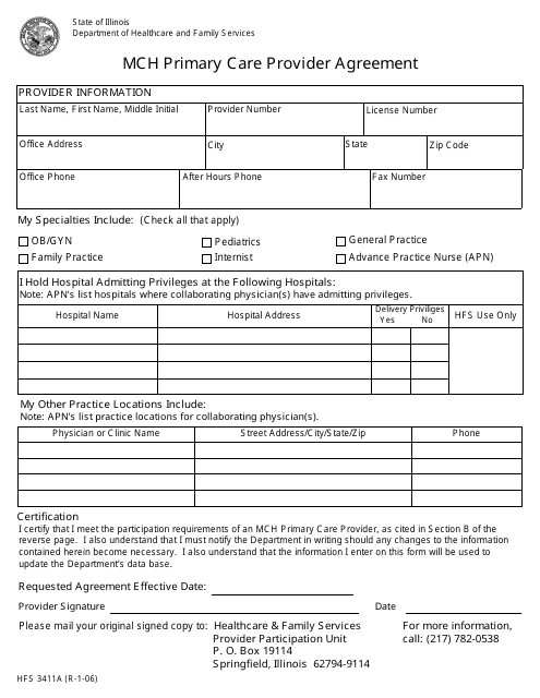 Form HFS3411A Mch Primary Care Provider Agreement - Illinois