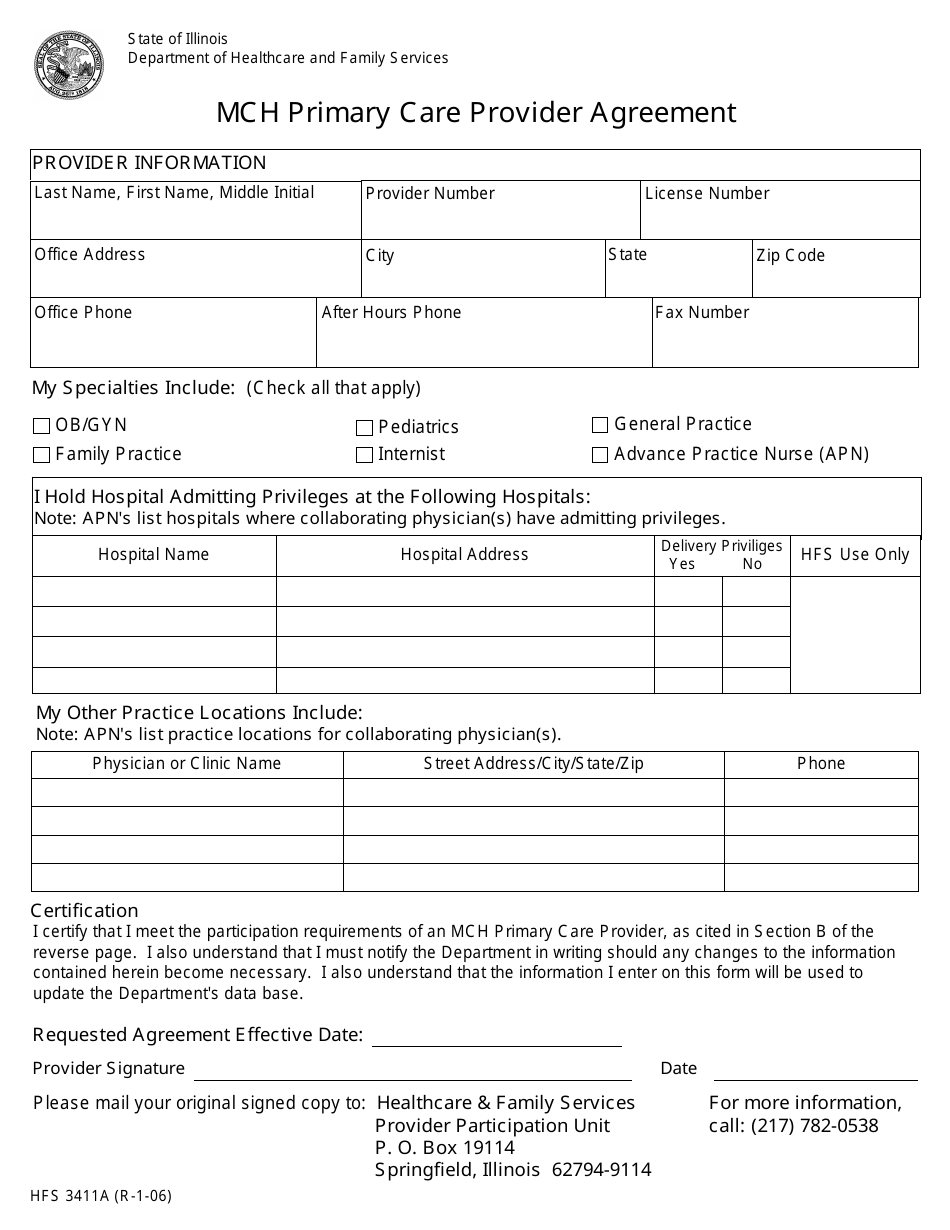 Form HFS3411A Mch Primary Care Provider Agreement - Illinois, Page 1