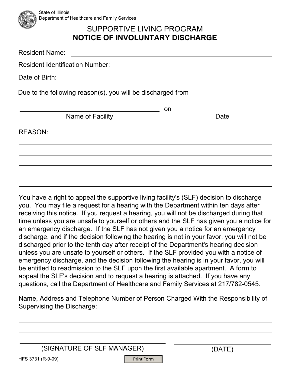 Form HFS3731 Supportive Living Program Notice of Involuntary Discharge - Illinois, Page 1