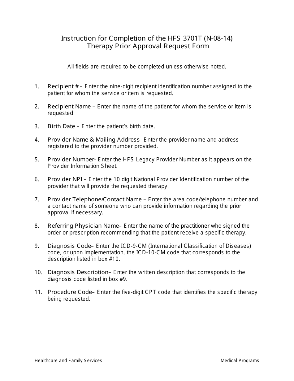 Instructions for Form HFS3701T Therapy Prior Approval Request Form - Illinois, Page 1