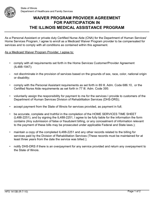 Form HFS1413B Waiver Program Provider Agreement for Participation in the Illinois Medical Assistance Program - Illinois