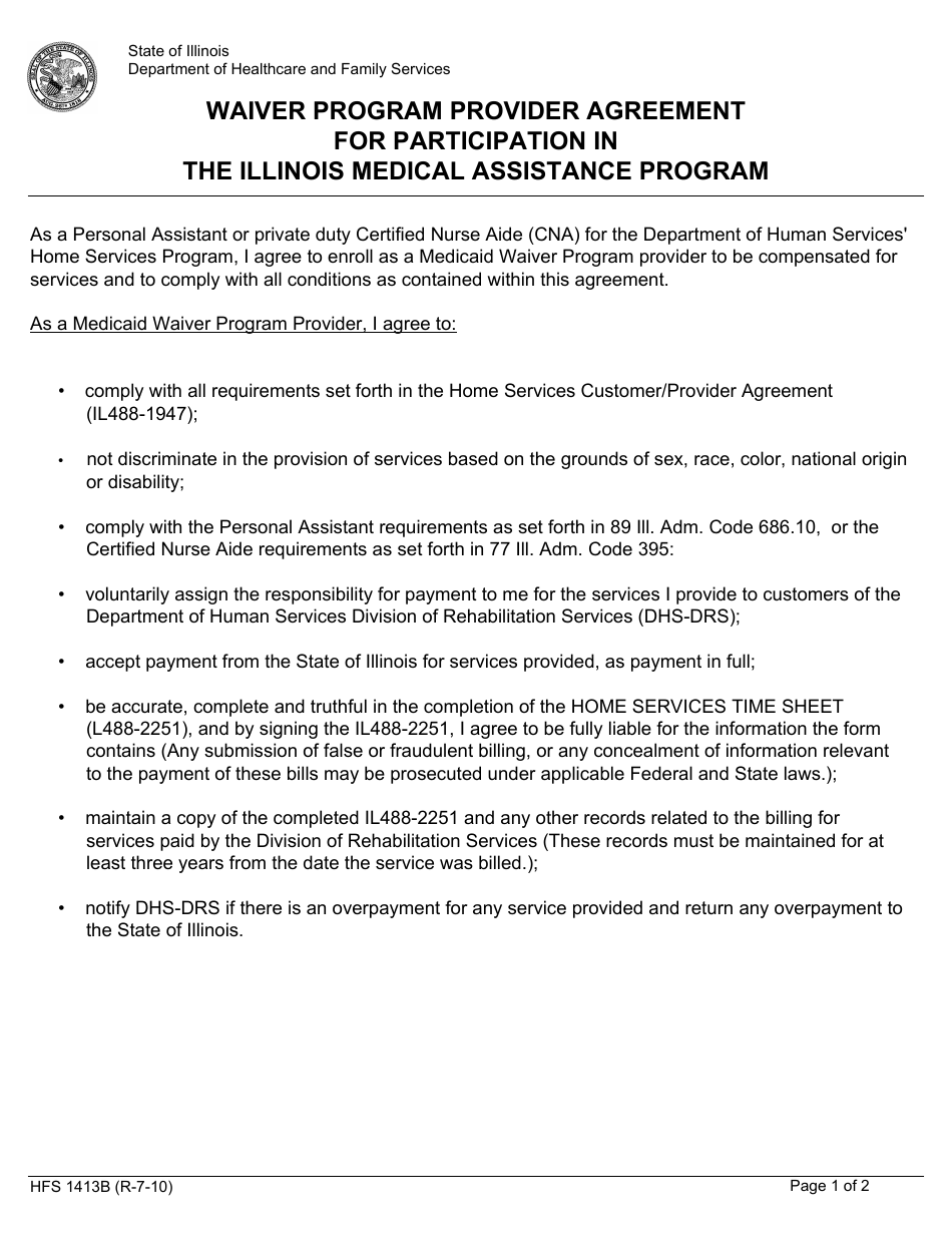 Form HFS1413B Download Fillable PDF or Fill Online Waiver Program Provider  Agreement for Participation in the Illinois Medical Assistance Program  Illinois | Templateroller