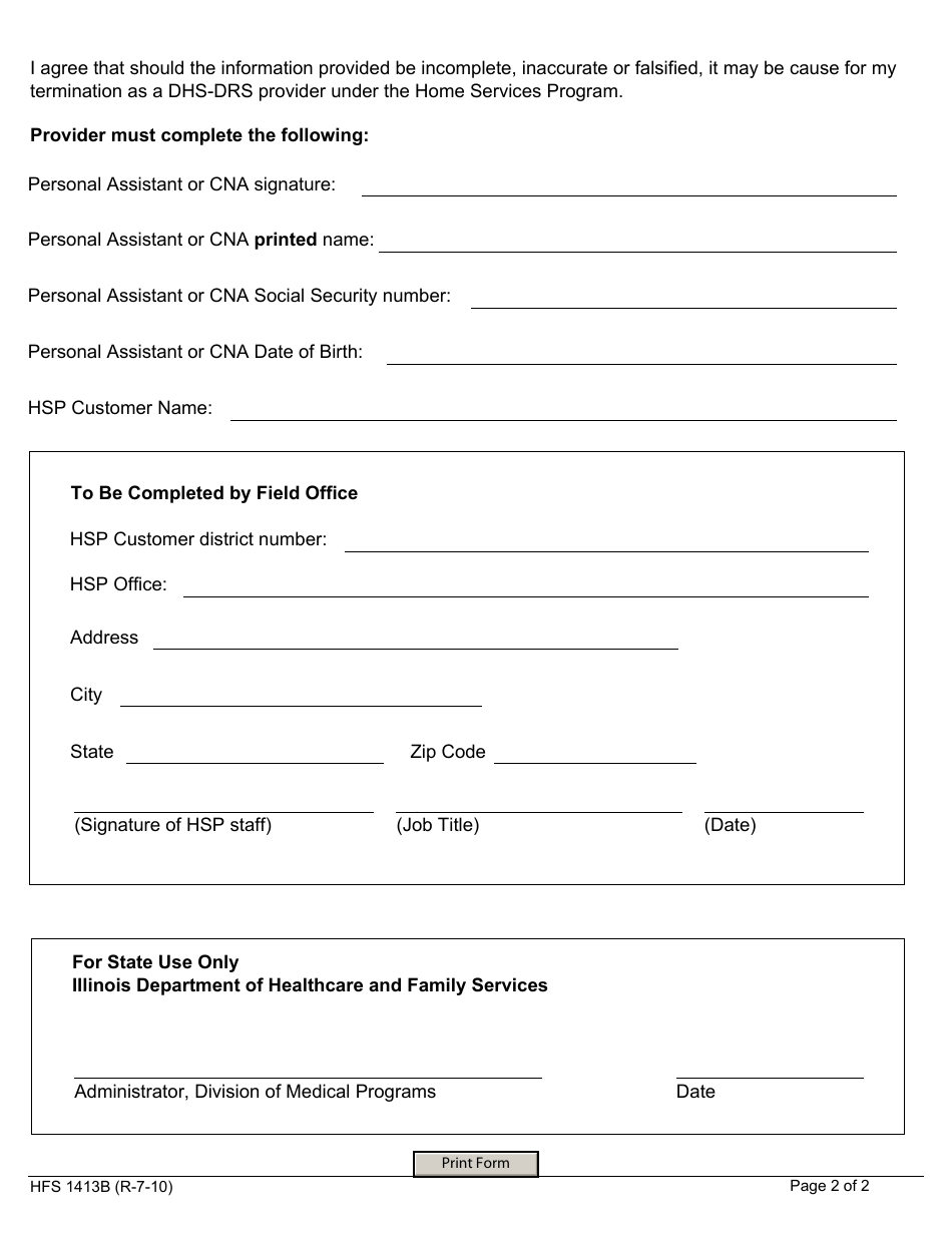 Form HFS1413B Waiver Program Provider Agreement for Participation in the Illinois Medical Assistance Program - Illinois, Page 2